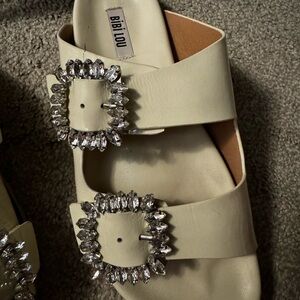 Women's Beige Sandals with Crystal Buckles